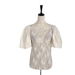 Vintage Lorrie Kabala Cream Lace Dainty Sheer Victorian Blouse Top Prairie Sz 4